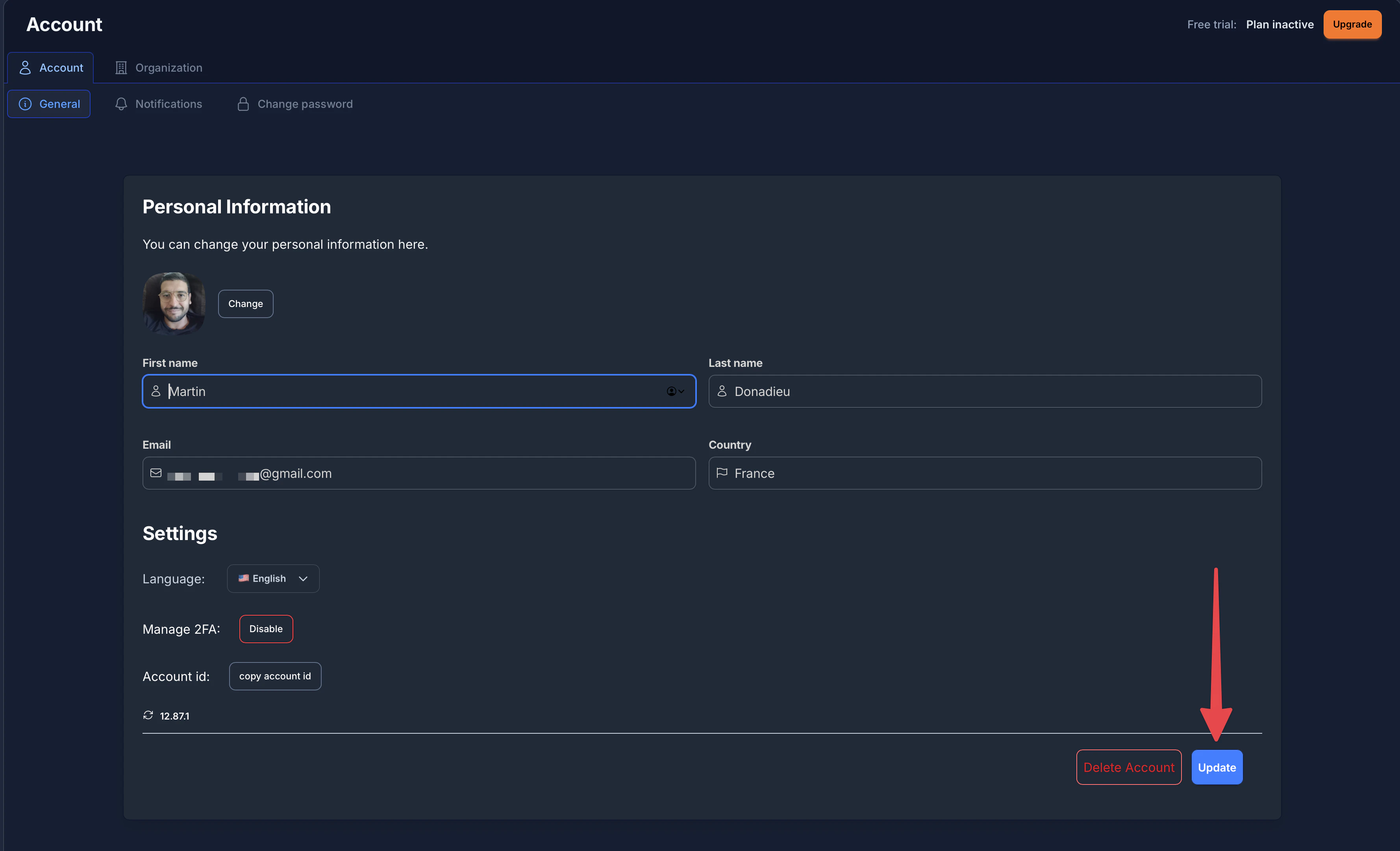 save change in account