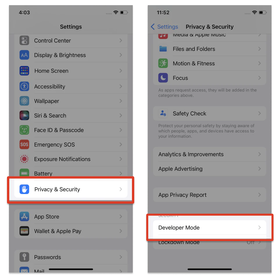 Naviguer vers le paramètre du mode développeur