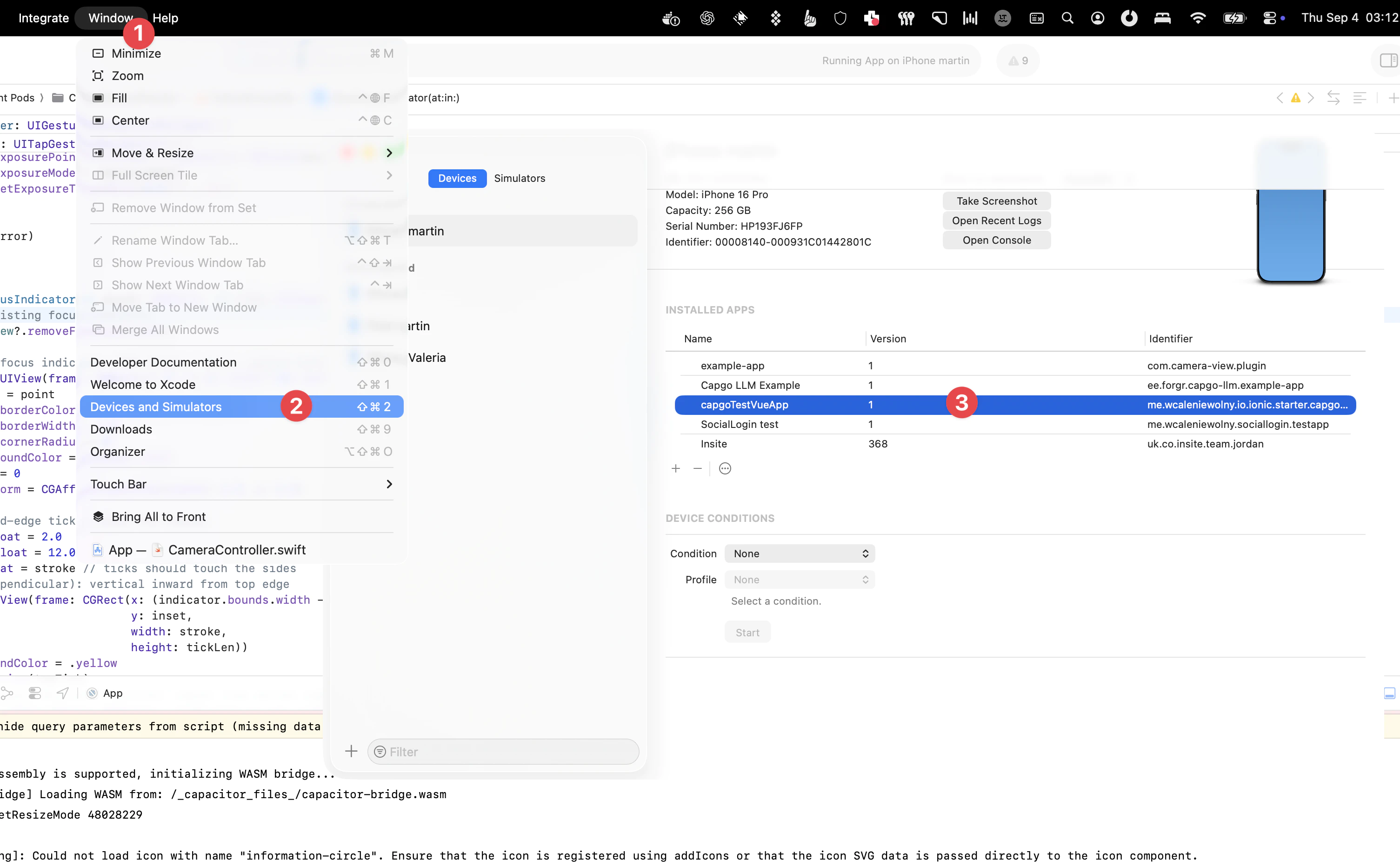 Xcode Window menu showing Devices and Simulators option
