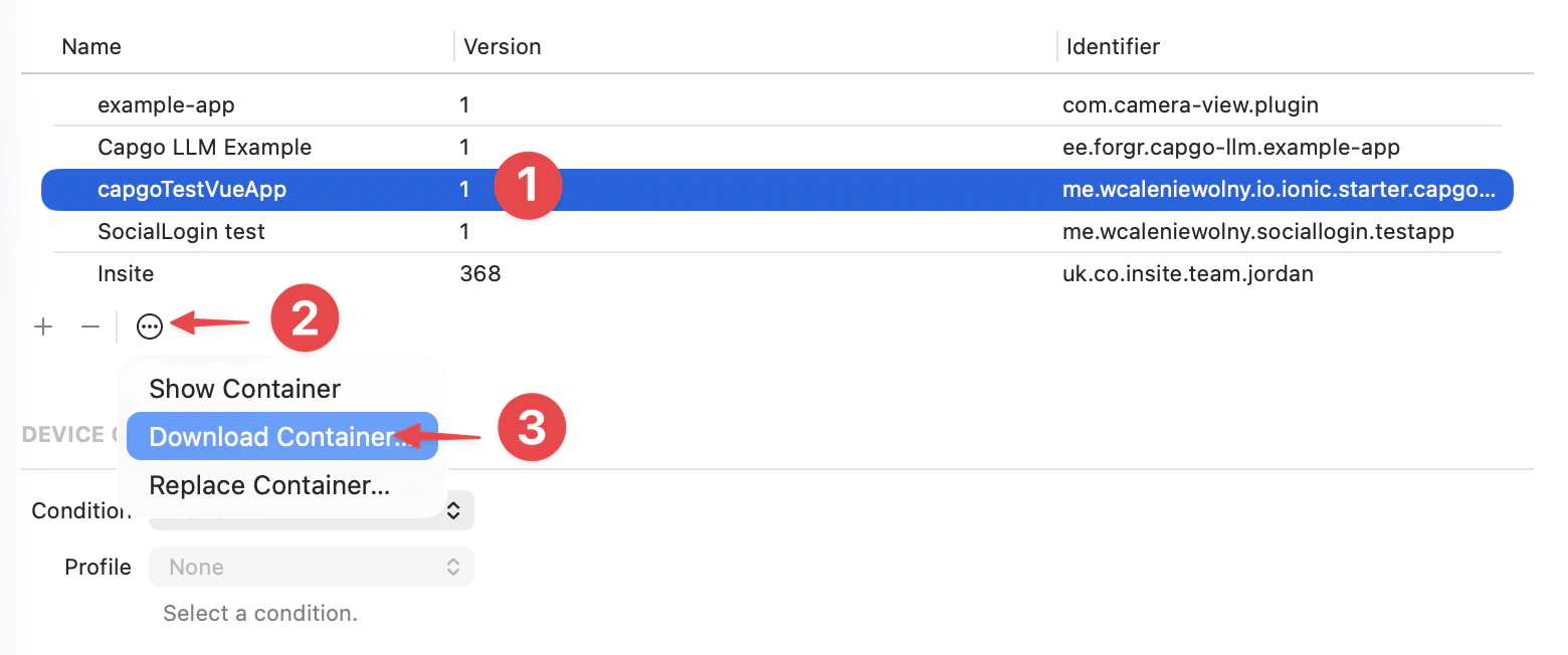 Xcode Devices panel showing app container download option