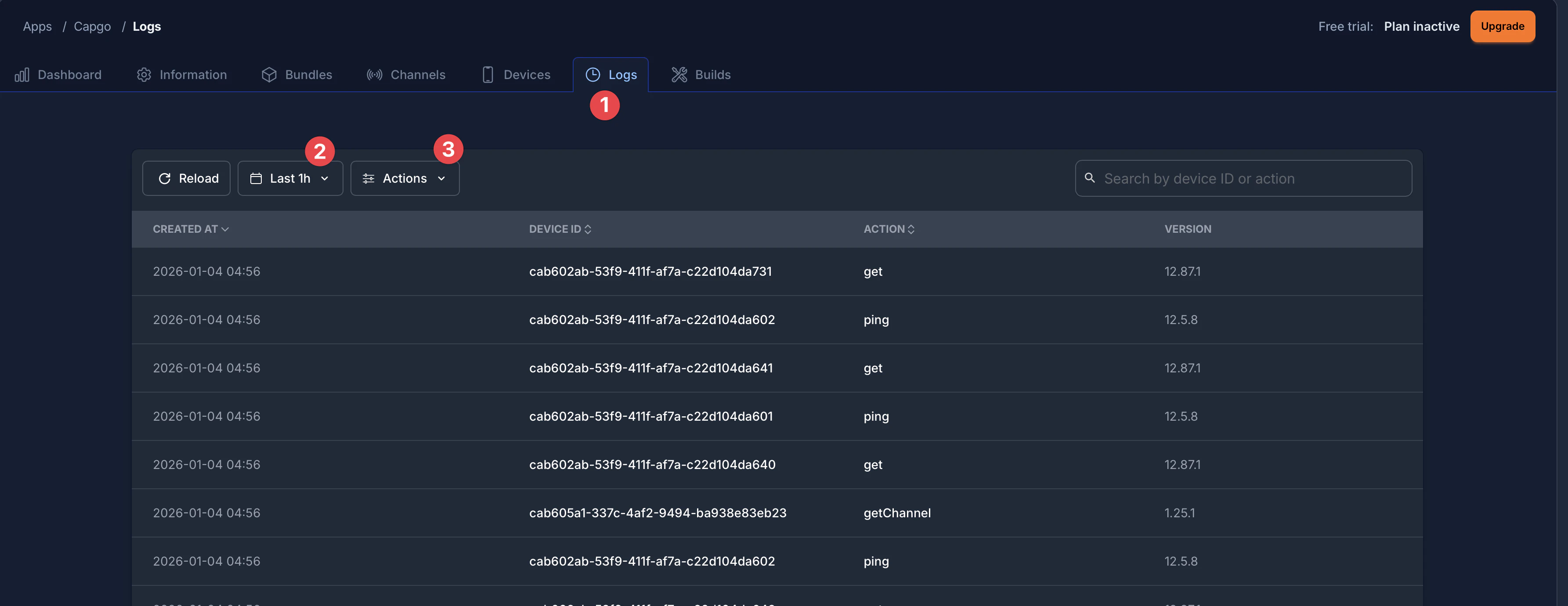 Logs page overview showing the main interface