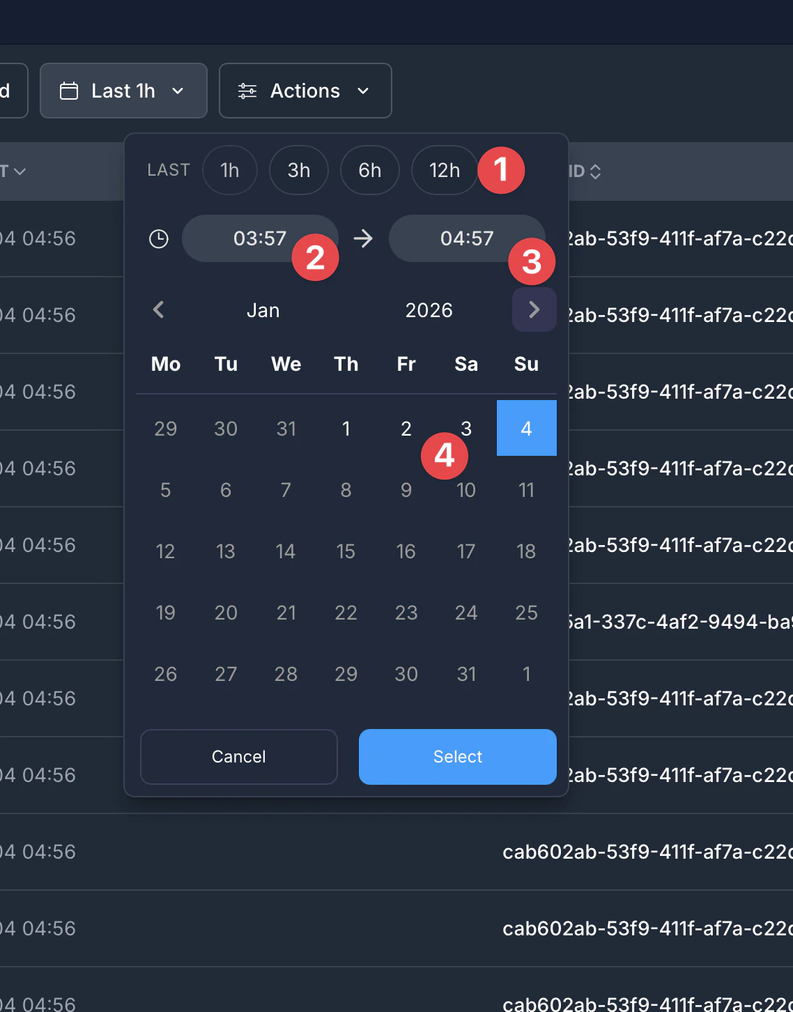 Date range picker for filtering logs