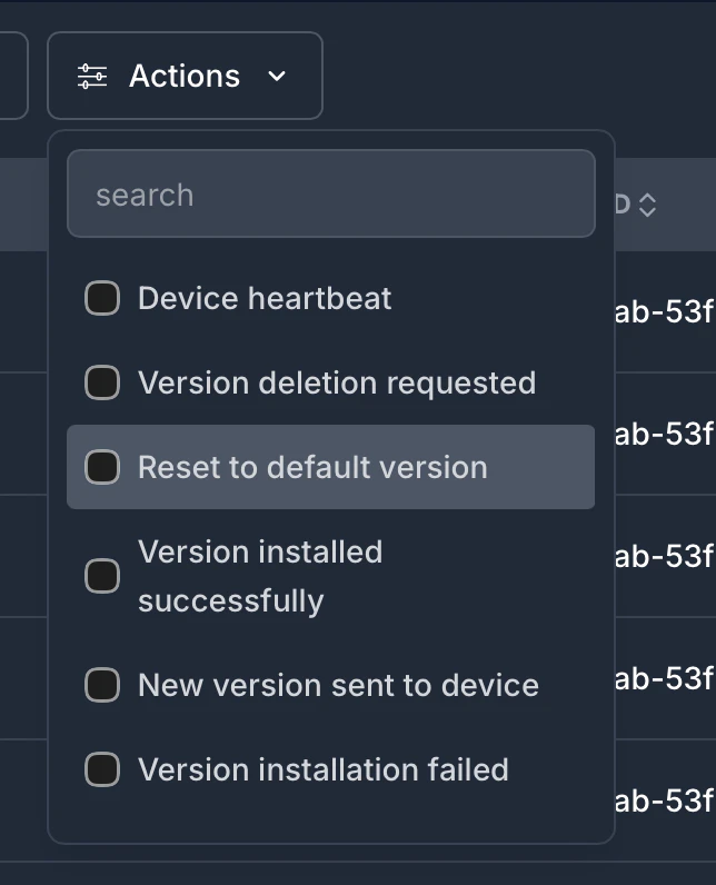 Actions filter dropdown for filtering logs by event type