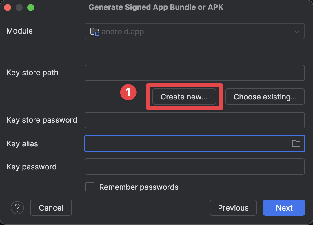 Android Studio create new keystore