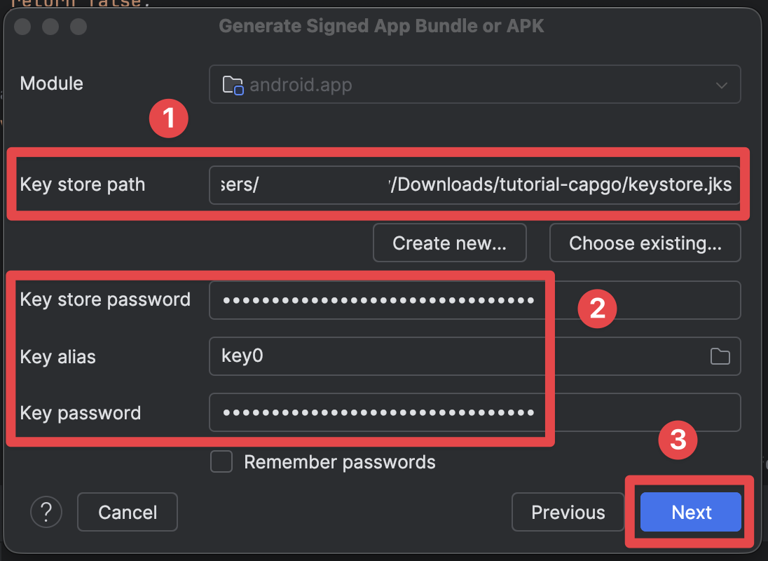 Android Studio make sure all of the details for the keystore have been filled in correctly