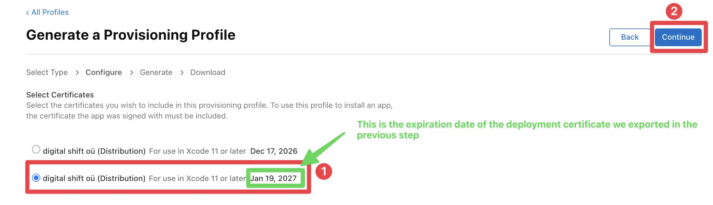Apple Developer select distribution certificate