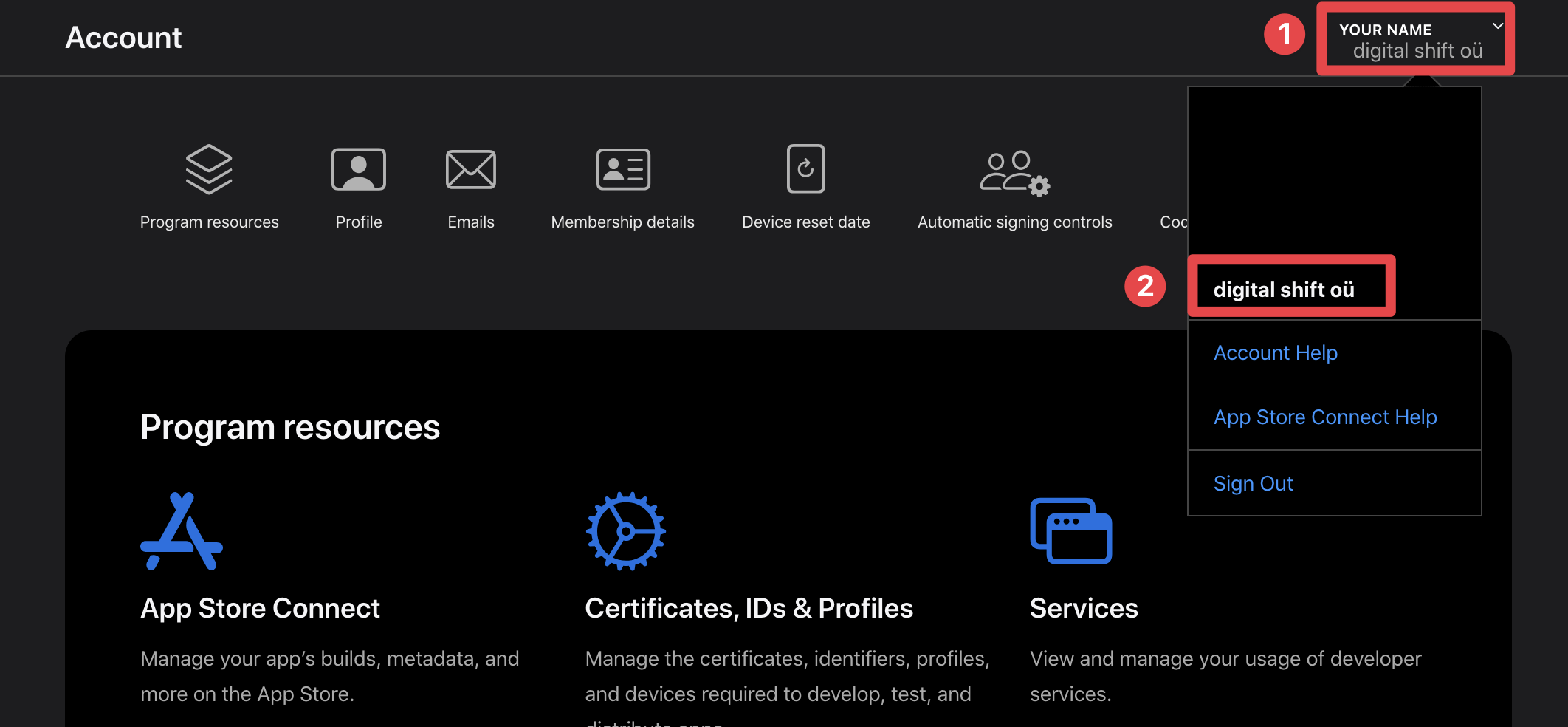 Apple Developer keys team selection