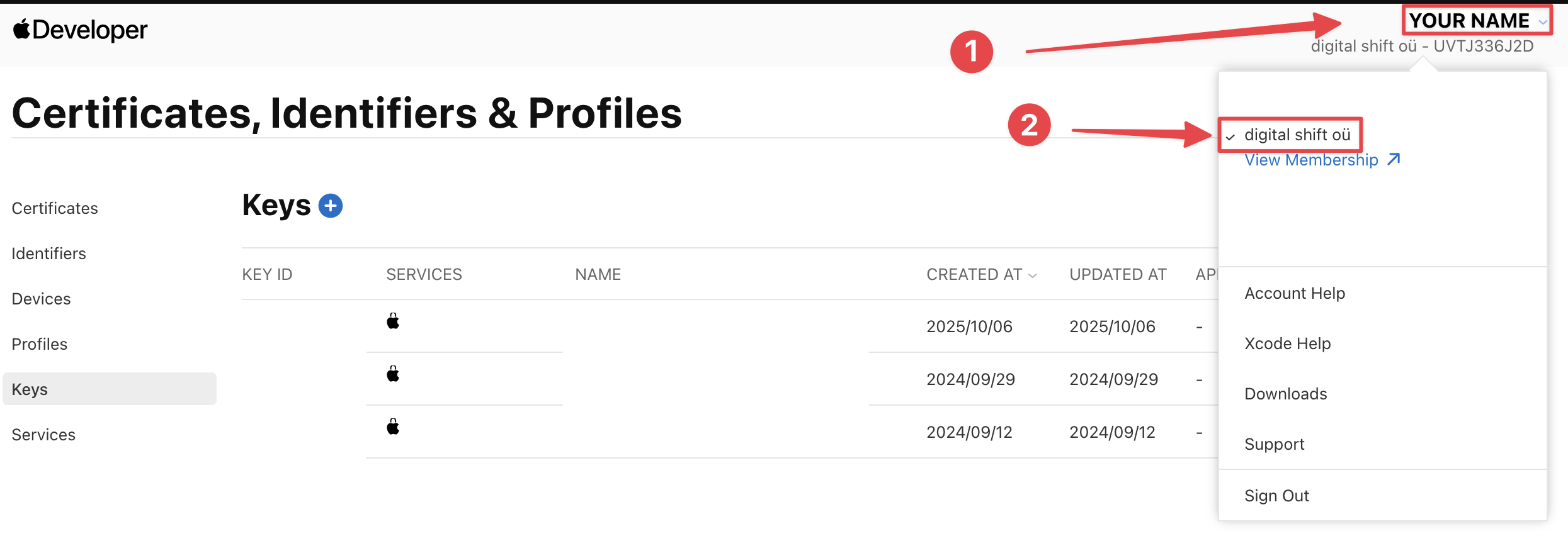 Apple Developer keys team selection