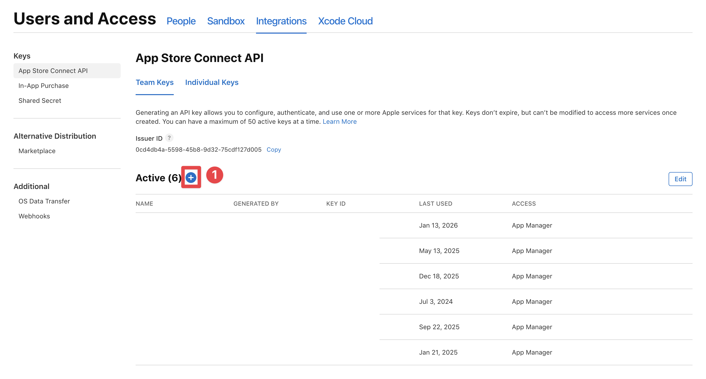 App Store Connect add key button