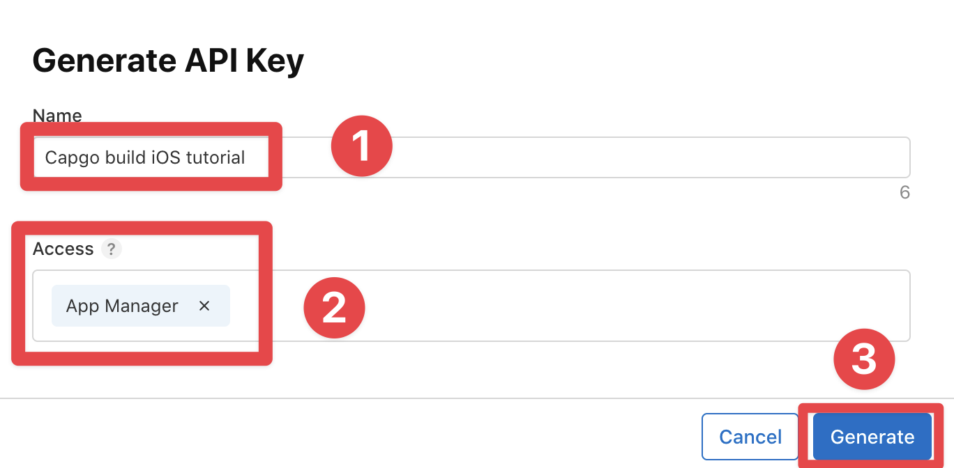 App Store Connect add key name, set access to app manager and generate button