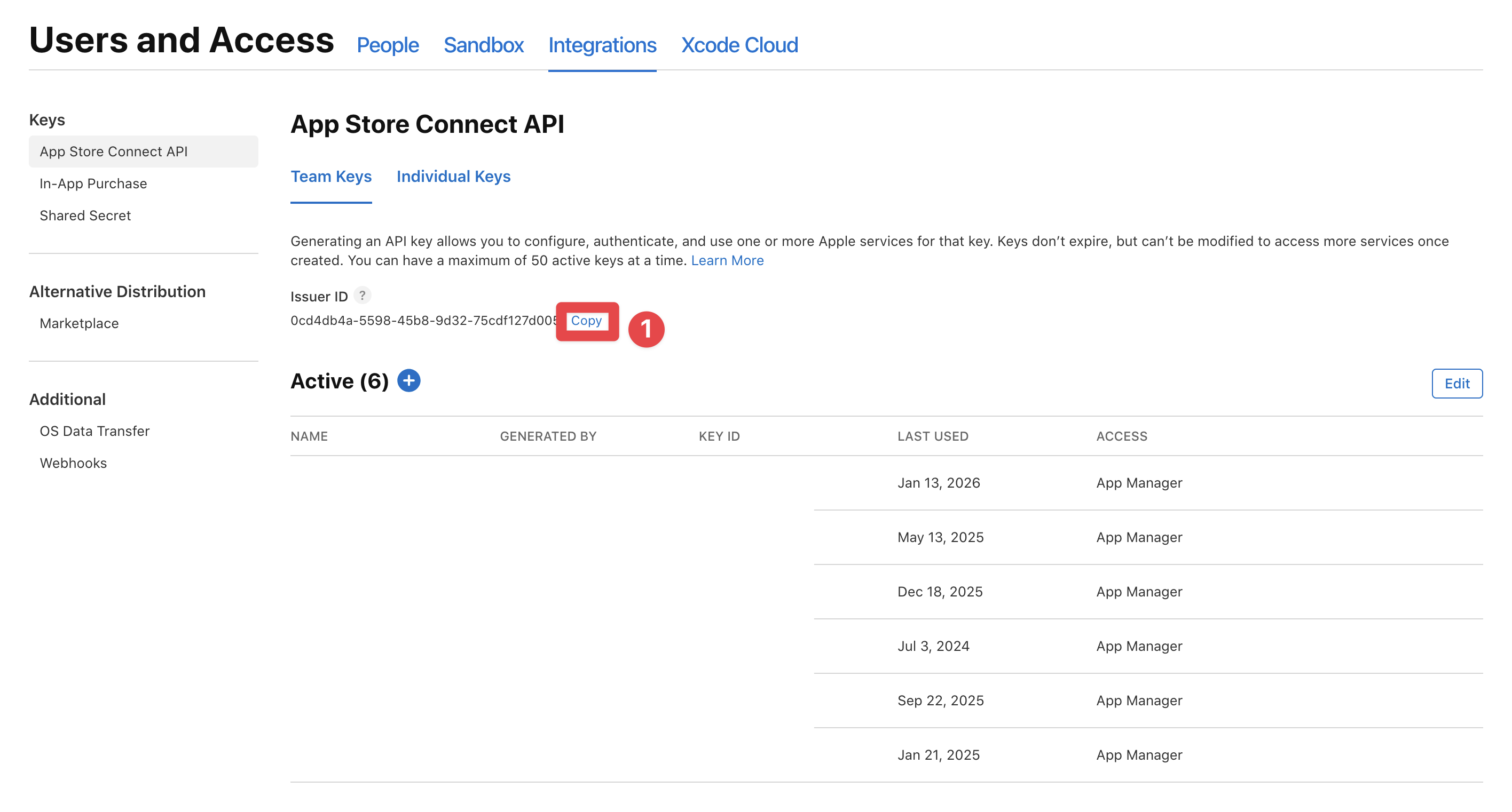 App Store Connect copy issuer