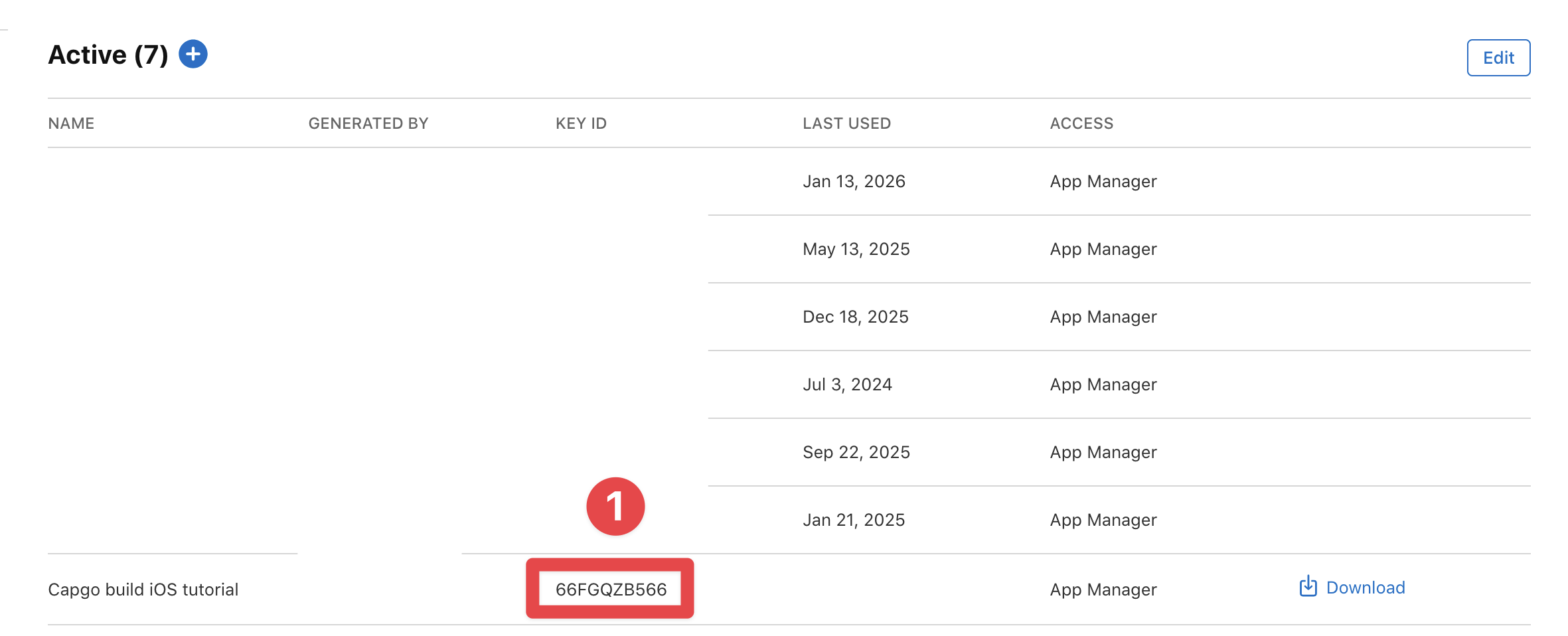 App Store Connect copy key ID