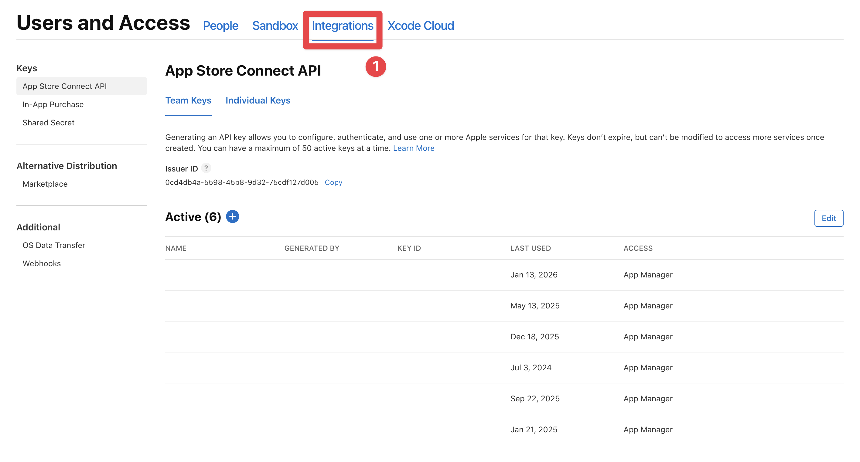 App Store Connect integrations button
