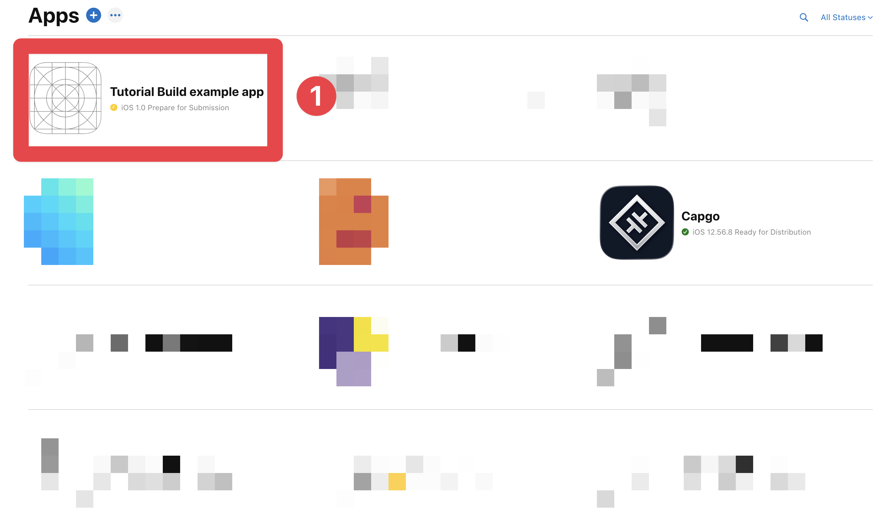 App Store Connect app selection