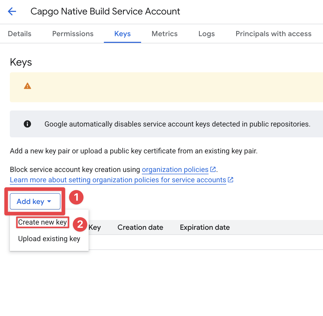 Google Console add key and create new key