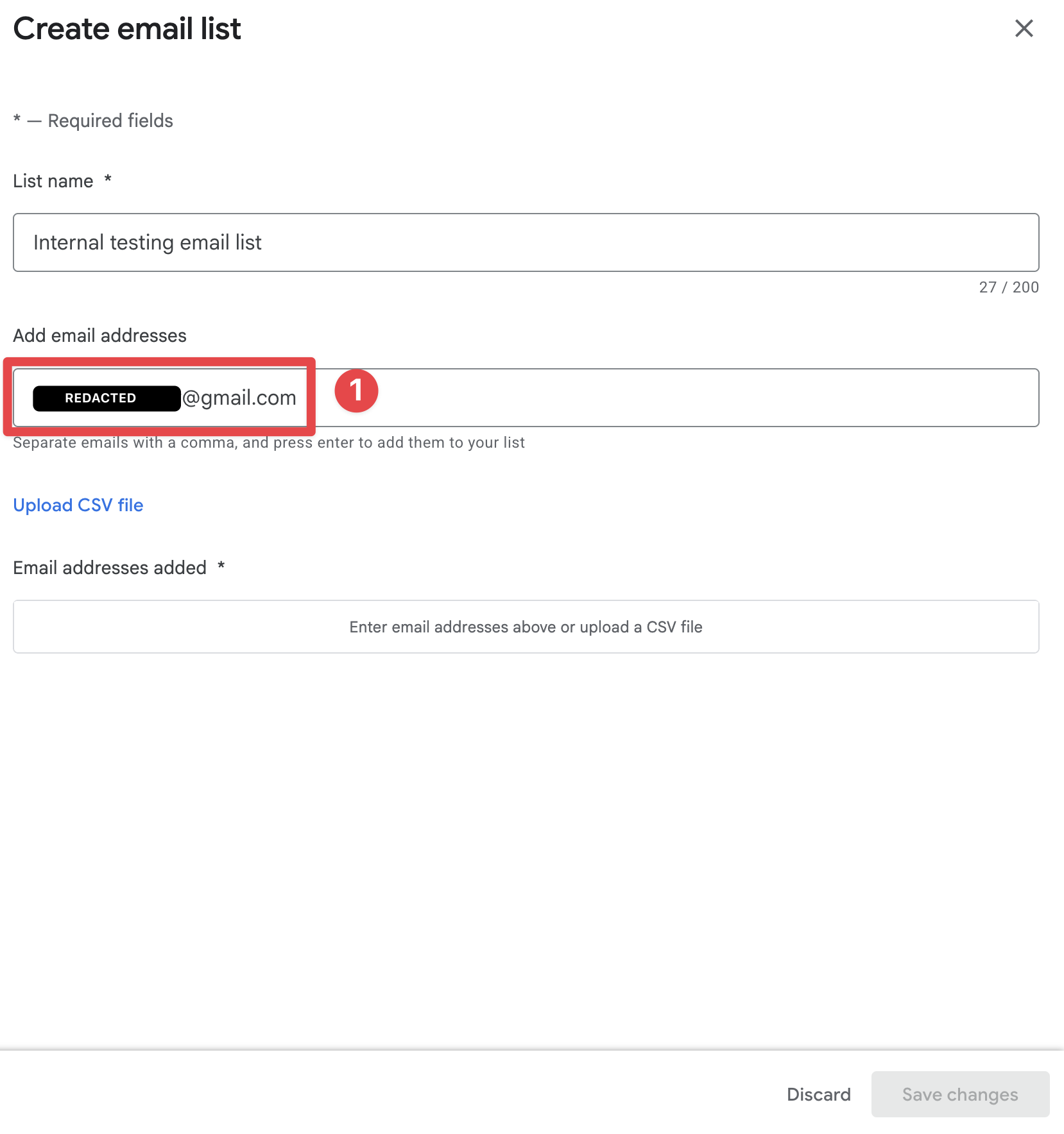 Google Play Console add the email addresses of the testers