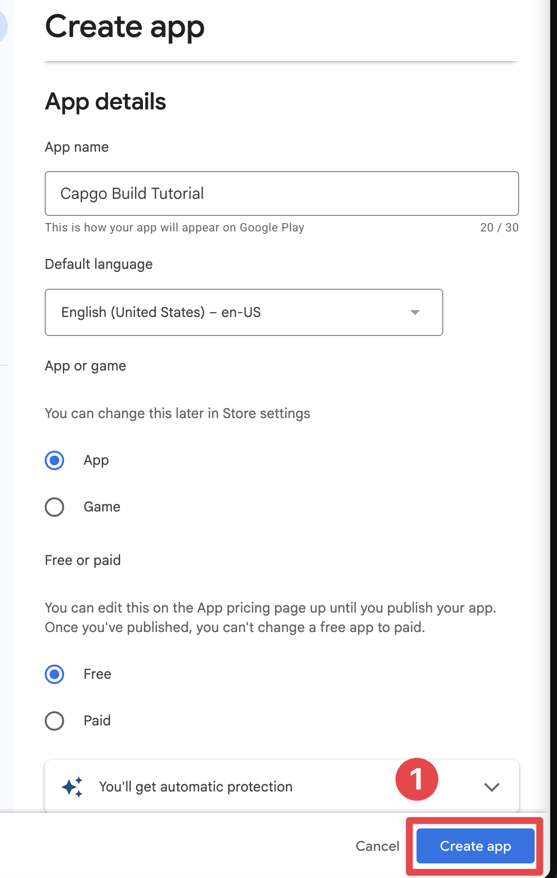 Google Play Console click on create