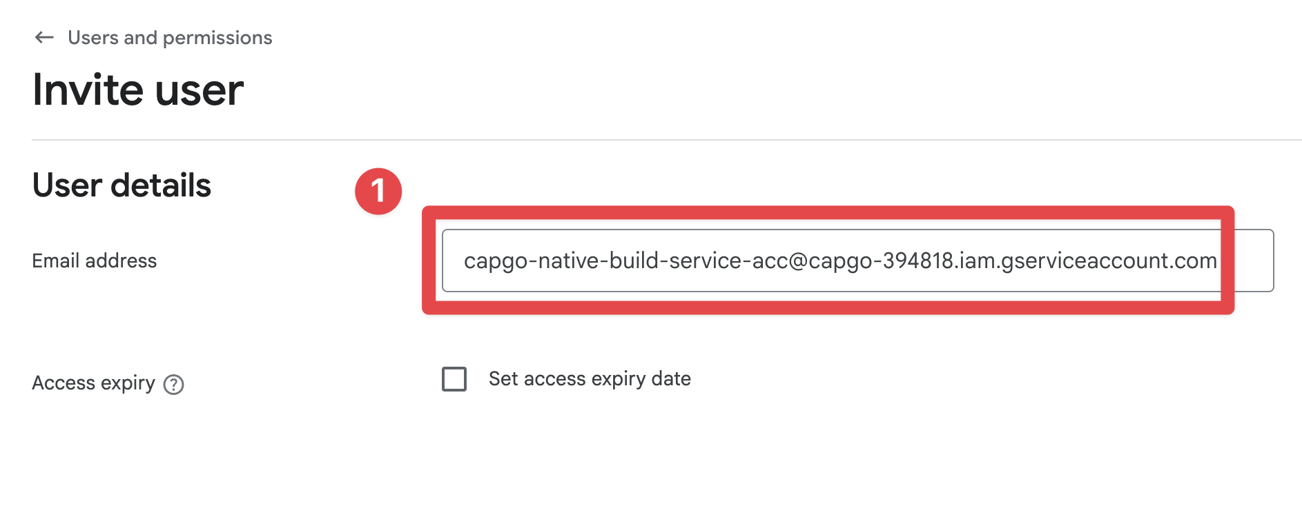 Google Play Console copy email address of the service account
