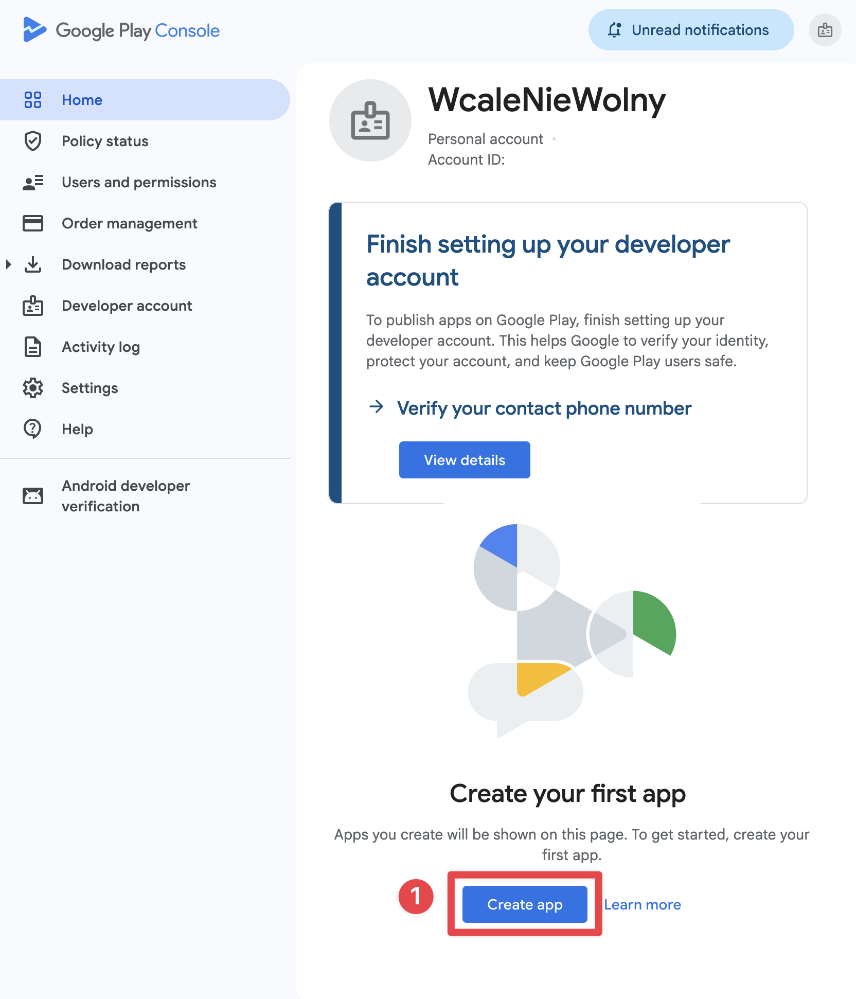 Google Play Console create app