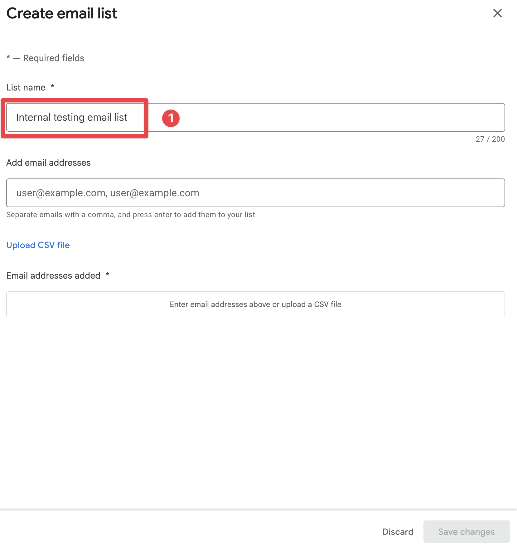 Google Play Console name the email list