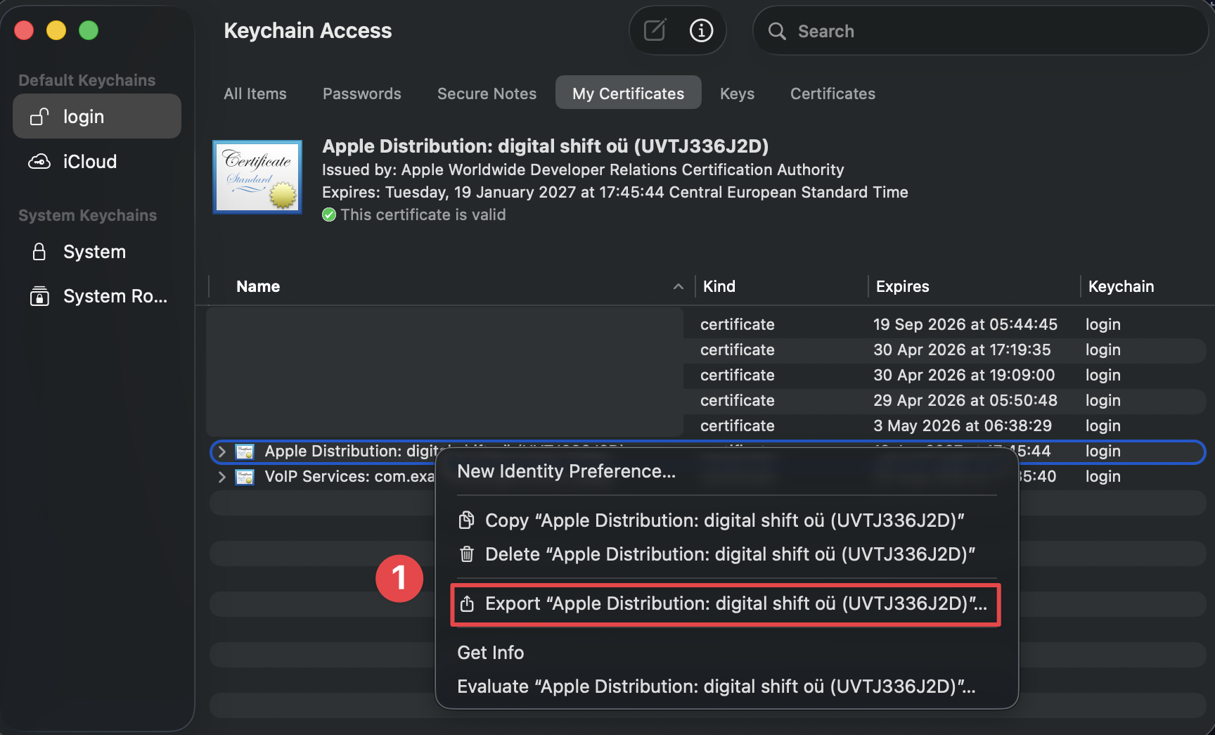 Keychain Access export certificate