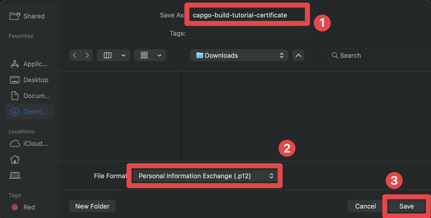 Keychain Access save certificate dialog