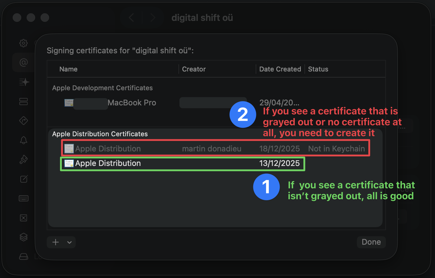 Xcode distribution certificate
