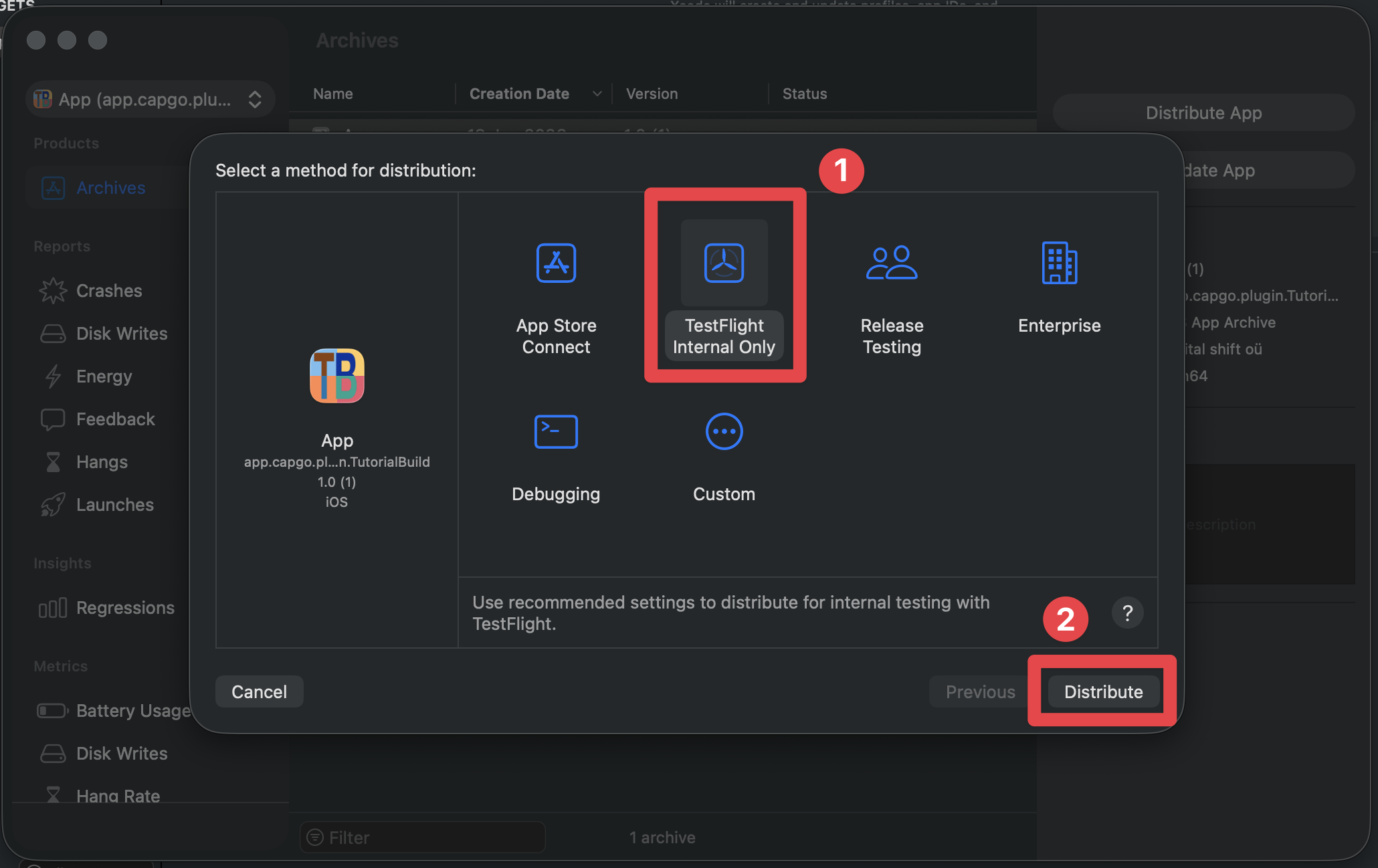 Xcode TestFlight internal only distribution method