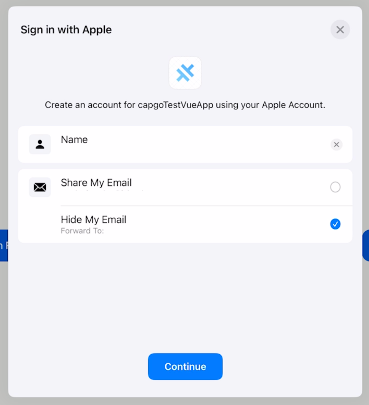 Apple Sign In prompt on iOS device