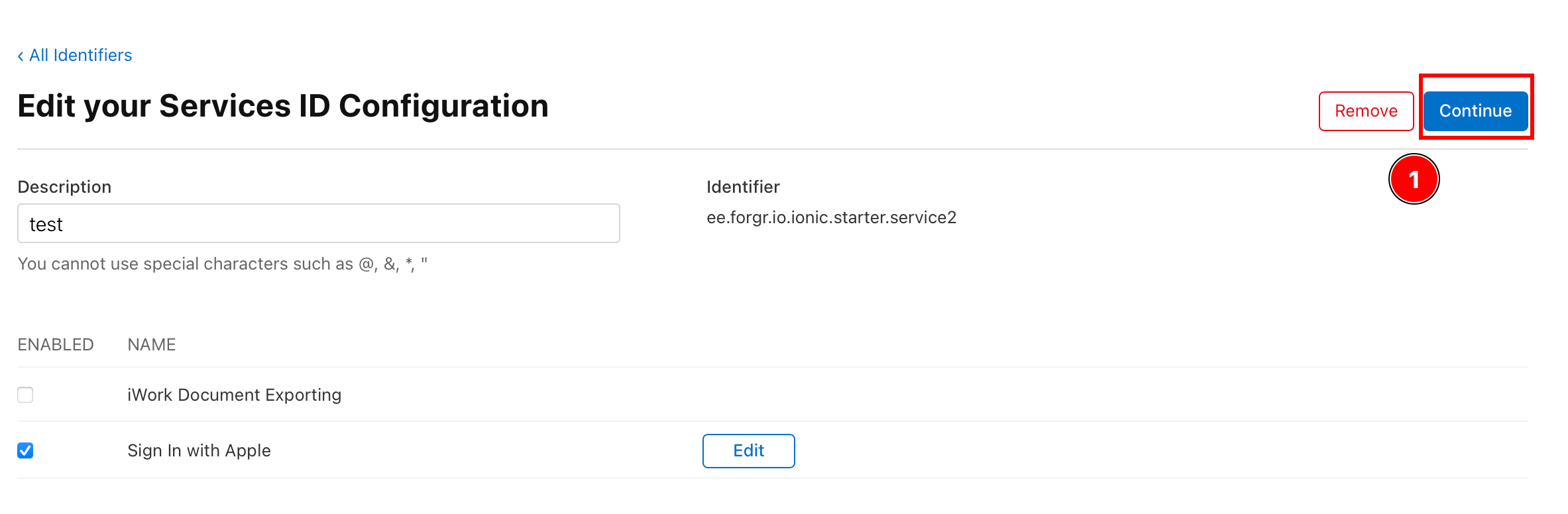 Continue button for service configuration