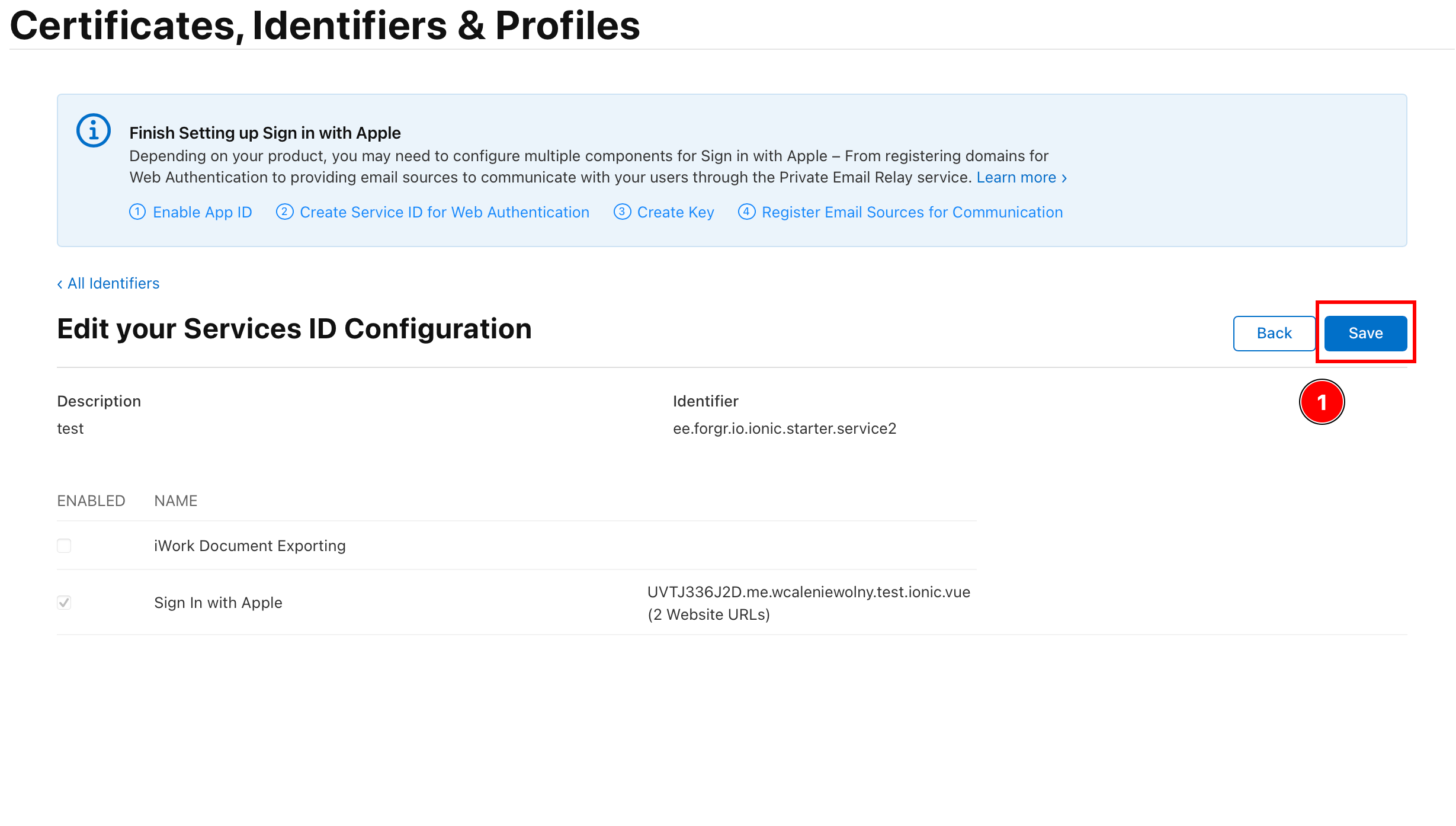 Save button for service configuration