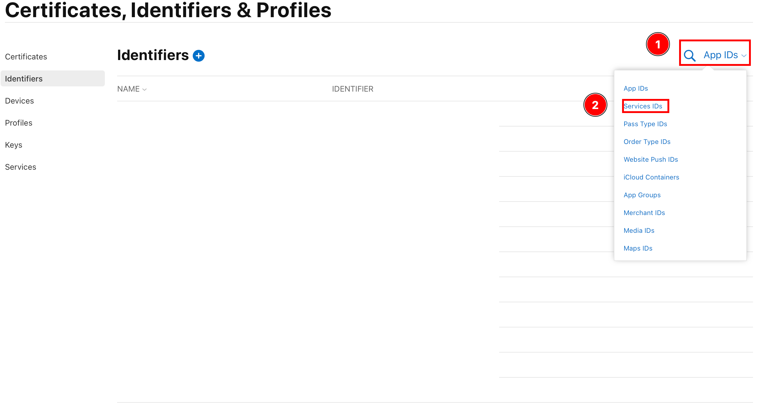 Navigation to Services IDs section