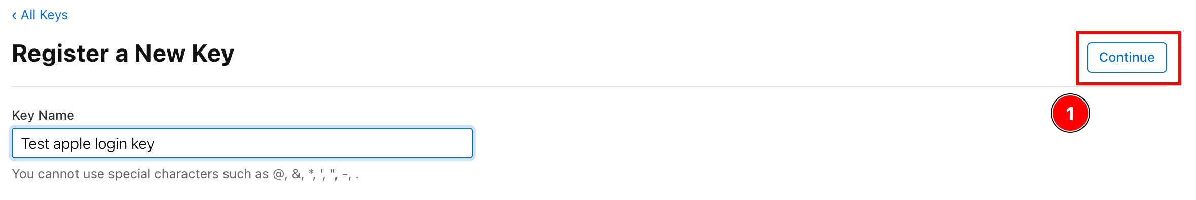 Continue button for key configuration