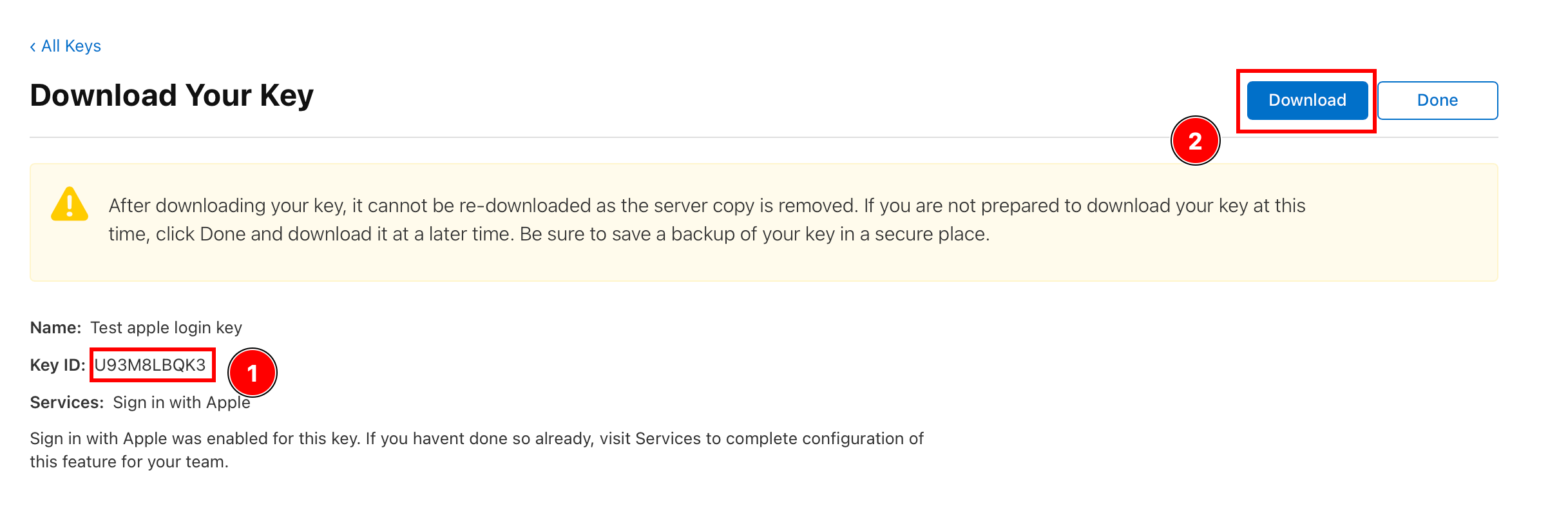 Key ID and download button screen