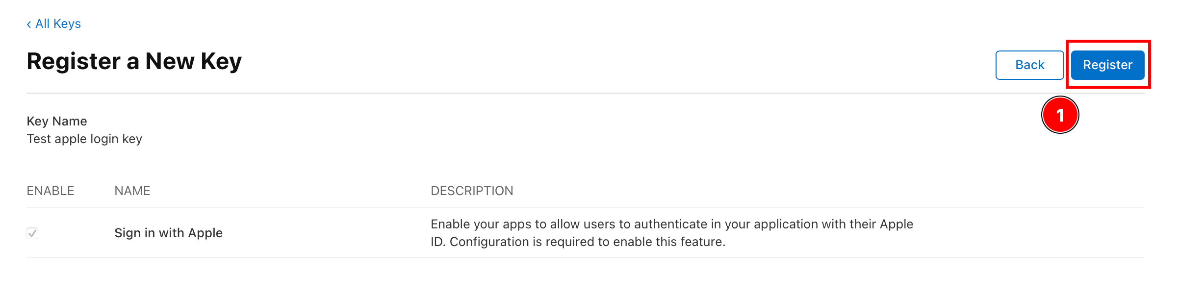 Register button for key creation