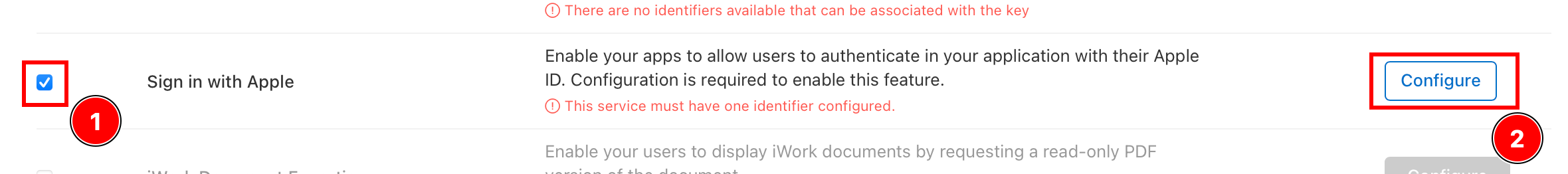 Enabling and configuring Sign in with Apple for the key