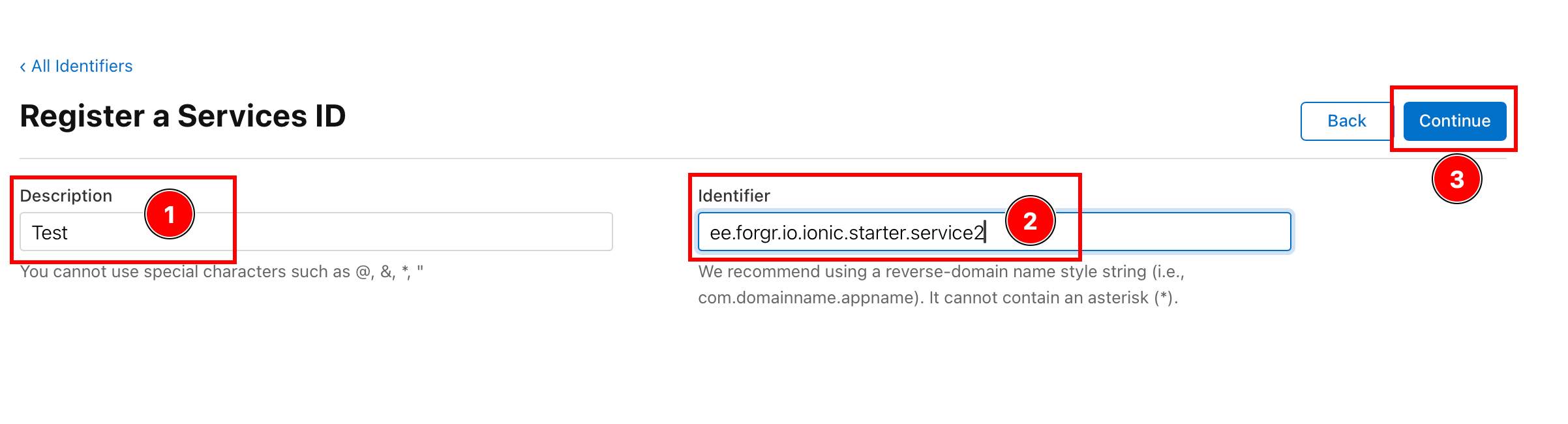 Entering service ID details