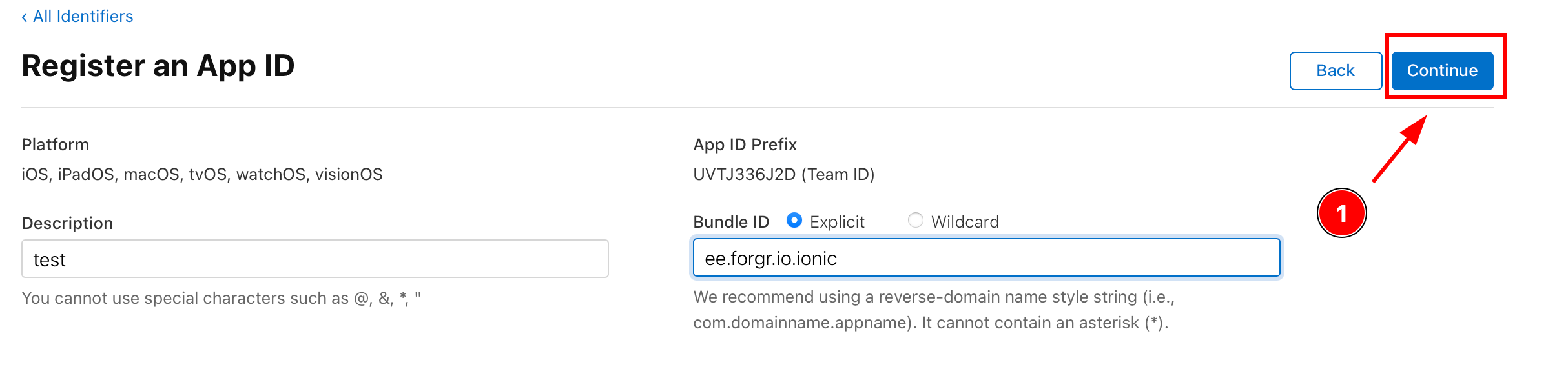 Continue button for app registration