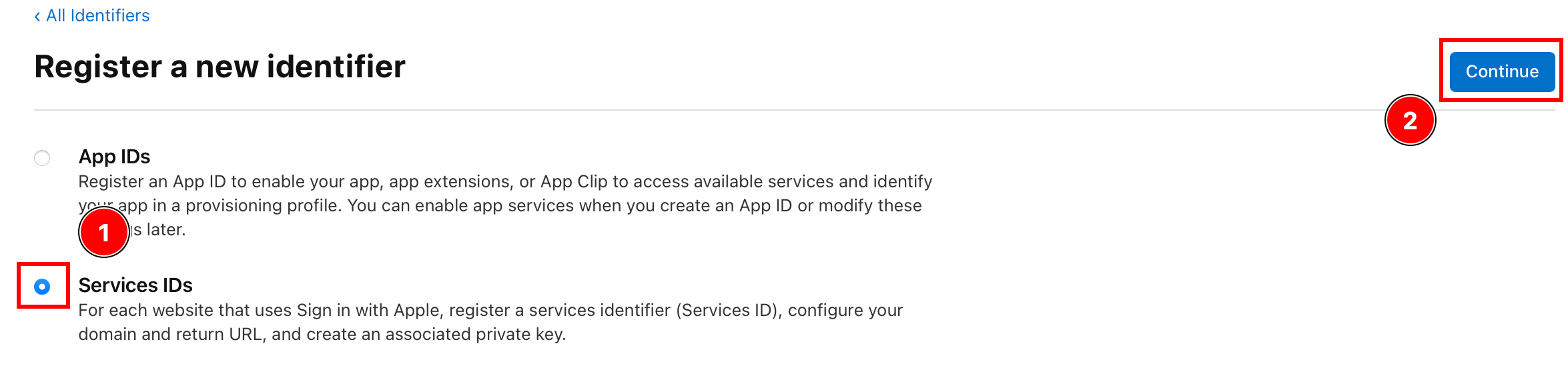 Selecting Service IDs option