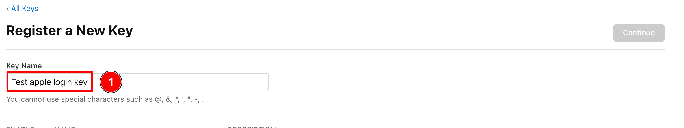 Entering key name field
