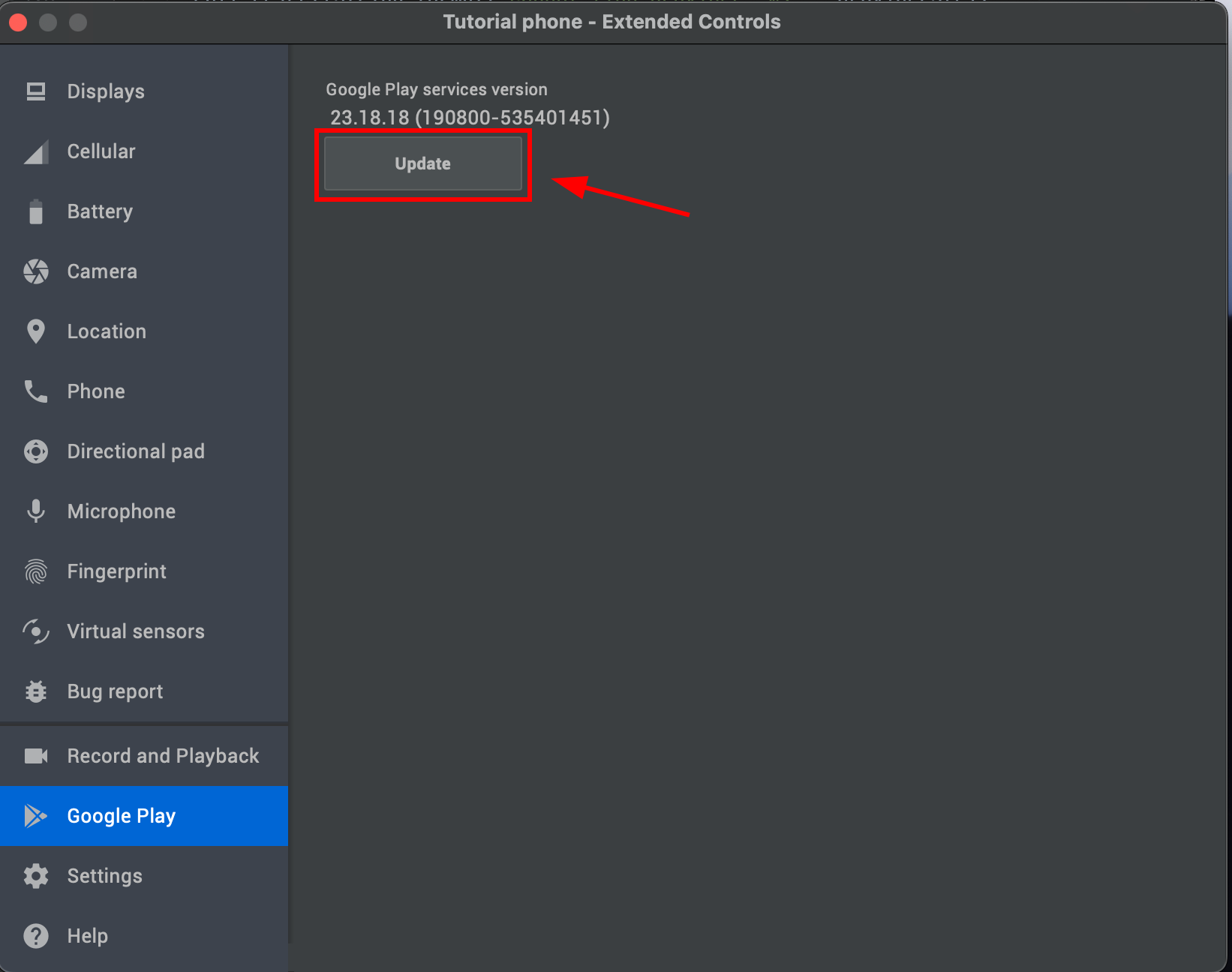 Google Play update screen with Update button