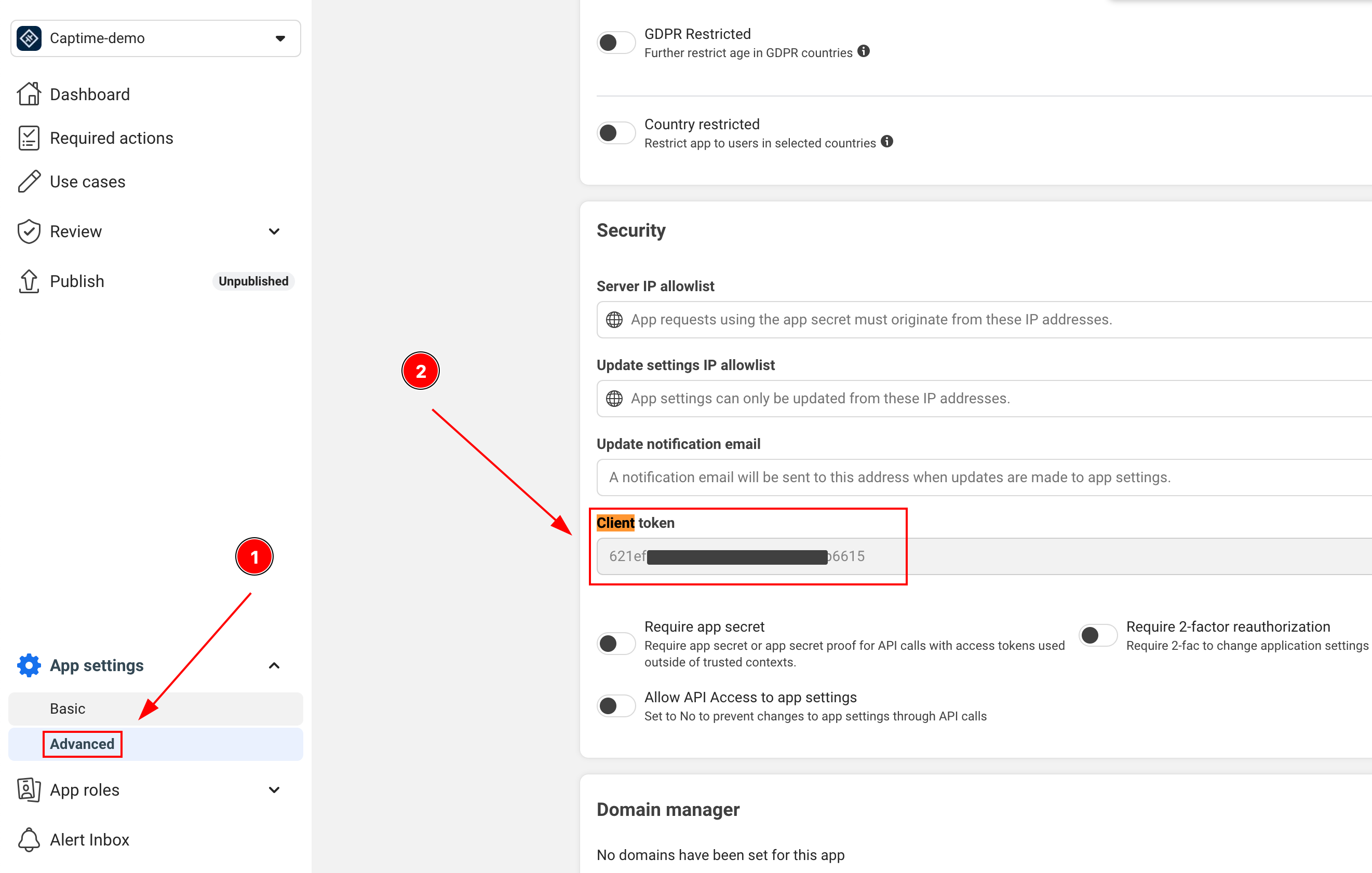 Facebook developer dashboard showing where to find the client token