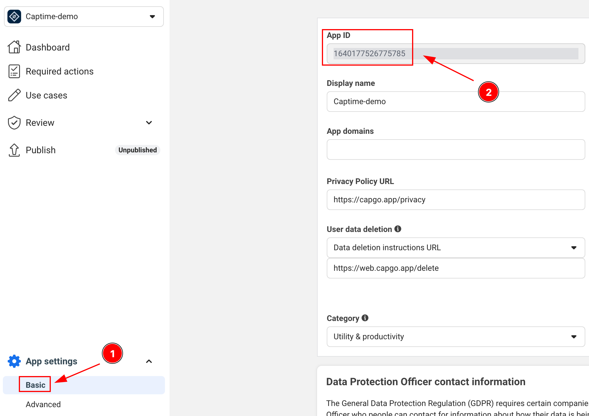 Facebook developer dashboard showing where to find the app ID