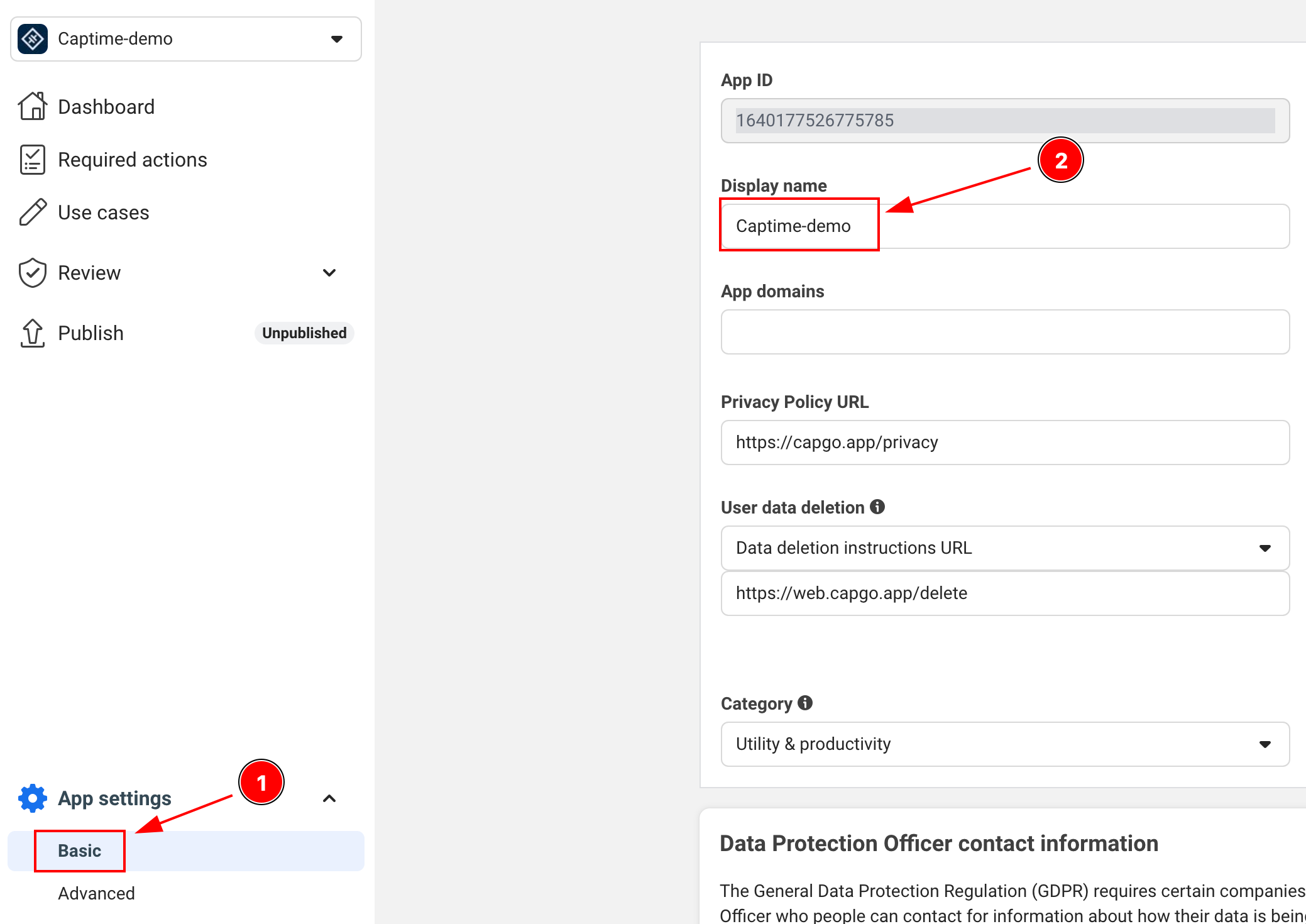 Facebook developer dashboard showing where to find the app name