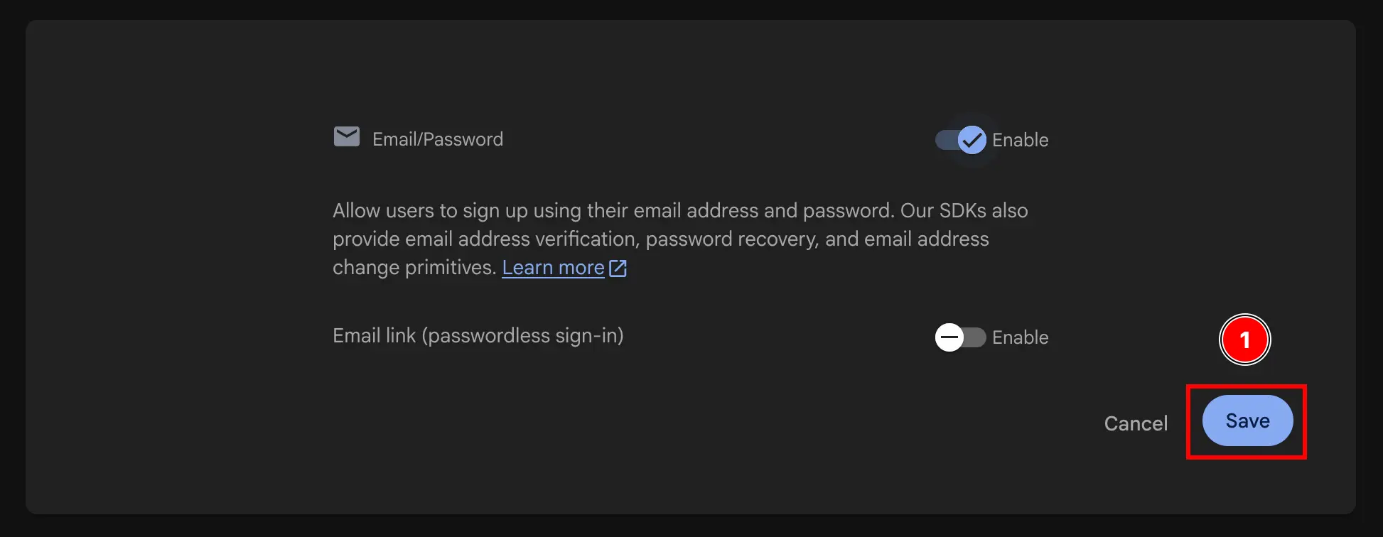 Firebase save enable google authentication
