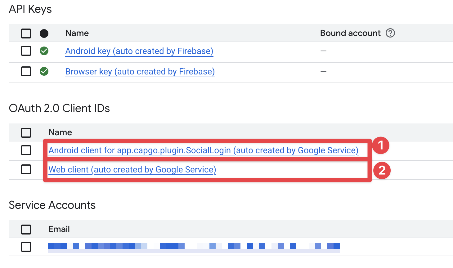 Google Cloud Console Credentials List