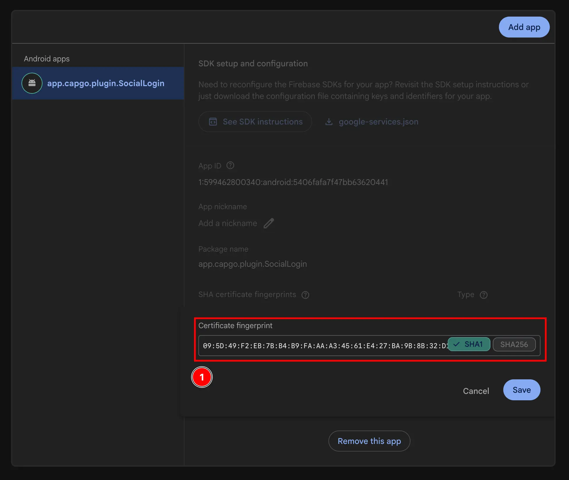 Firebase Add App Android Add Fingerprint SHA1 Field