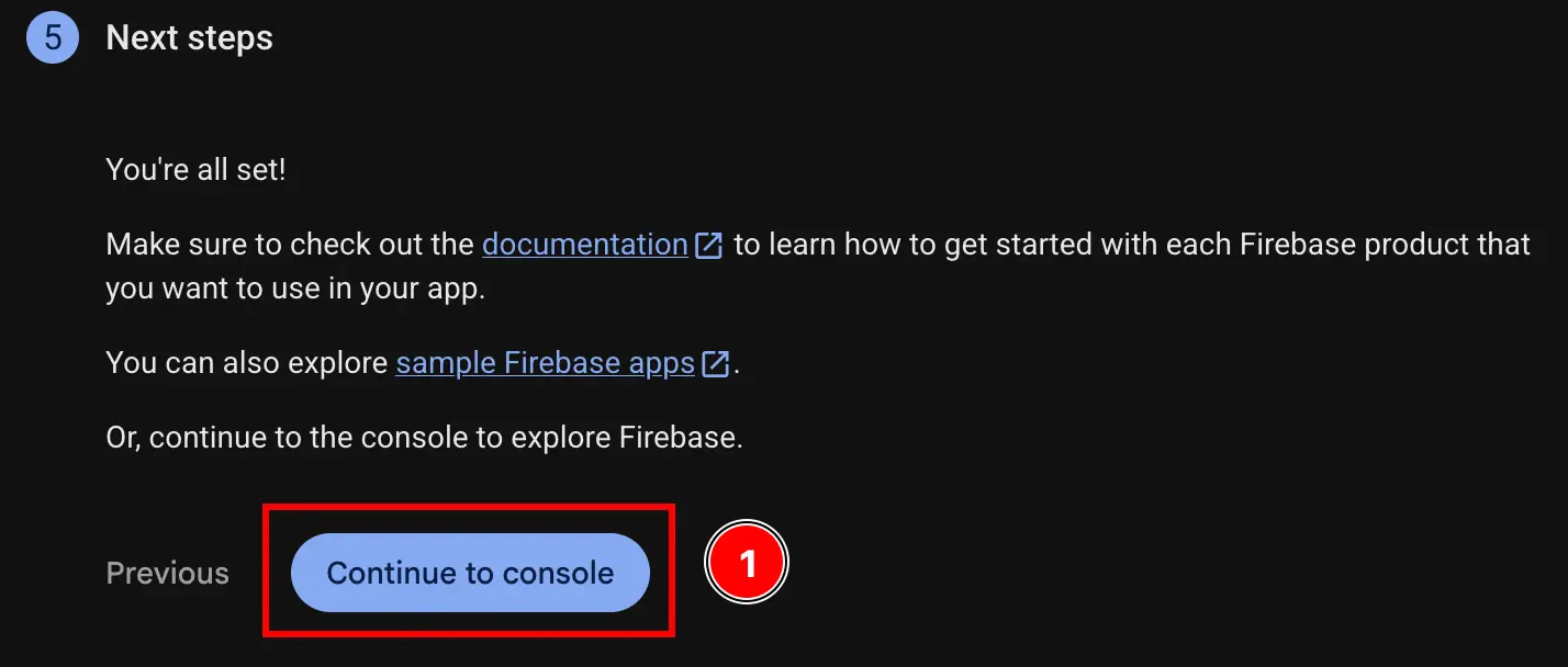 Firebase Add App iOS Continue to Console Button