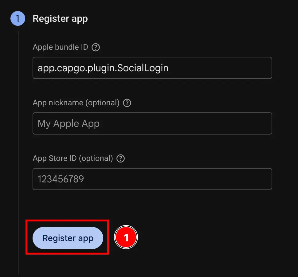 Firebase Add App iOS Register Button