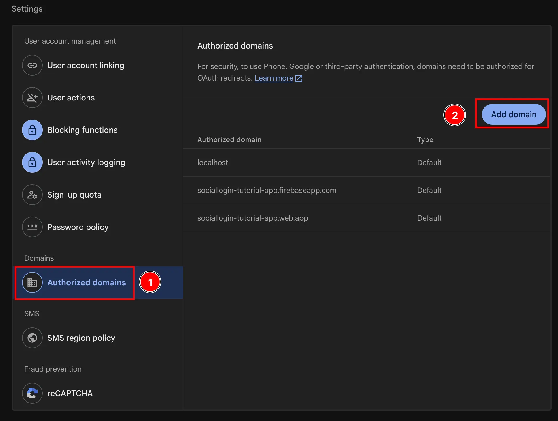 Firebase Authentication Settings Authorized Domains